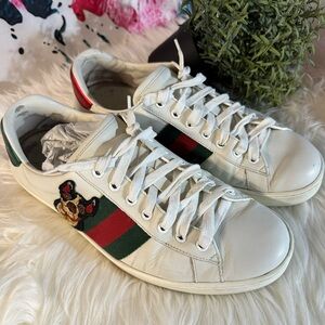 Gucci White Leather Sneakers with Green-Red Stripe and Embroidered Dog and Cat